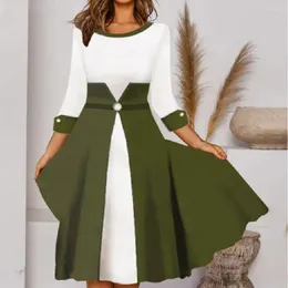 Casual Dresses Women Dress Patchwork Colour Matching Soft Dot Print Three-quarter Sleeves Dress-up Knee Length Tight Waist A-line Fall Wom