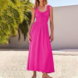 Casual Dresses Women Vacation Dress Boho Style Long Solid Colour Lace Up V-neck Sleeveless Beachwear High Waist A-line Summer Sling Dres