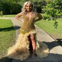 Gold Mermiad Luxury Prom Dresses 2024 Plus Size High Slit Black Women Evening Dress Diamond Crystal Ruffles Birthday Dress Gorgeous Fifteen Dance Formal Gown Aso Ebi