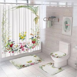 Shower Curtains 4Pcs Watercolor Flower Curtain Set Summer Plant Palm Leaves Floral Bathroom Decor Non-Slip Rug Toilet Lid Cover Bath Mat