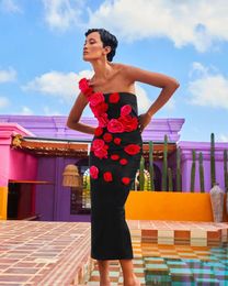 Casual Dresses Factory Wholesale Women's 2024 Black Wrap Chest Red Flower Sexy Medium Length Celebrity Cocktail Party Bandage Dress