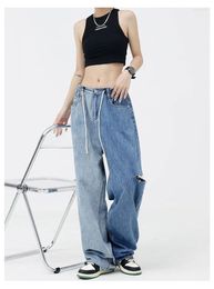 Women's Jeans Coloured Distressed Women Spring Autumn Drawstring Elastic Waist Loose Cut And Torn Wide Leg Casual Pants Trousers