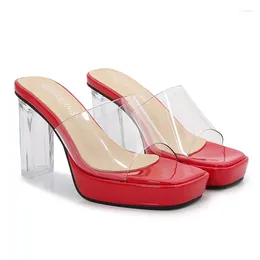 Slippers Summer Sexy Women Block 9cm High Heels Platforms Slip On Transparent Slides Clear Mules Lady Fetish Crystal Shoes