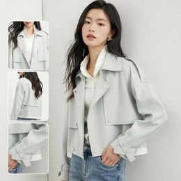 Women's Trench Coats 2024 Spring And Autumn In Outerwears Light Blue Cropped Coat Lace-up Covered Button Trenchcoat Women Short Jackets