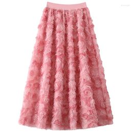 Skirts Pink Three-dimensional Rose Veil Dress 2024 Spring And Summer Romantic French Style Staggering Waist Tousled Skirt