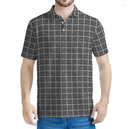 Men's Polos Grey Windowpane Pattern Polo Shirt For Men 3D Printed Plaid T-shirt Summer Street Oversized Short Sleeve Tops Lapel Tee Shirts