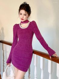 Casual Dresses Celebrity Style Bodycon Dress Women Purple Pearl Neck Warm Plush Hollow Skinny Short Gown Femme Party Wild Vestidos Sweet