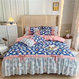 Bedding Sets 4PCS Blue Floral Duvet Cover Set Korean Princess Style Lace Bow Bed Sheet Pillowcases Girl Oversize