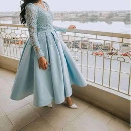 Ankle Length Long Sleeve Prom Dresses 2022 Lace Appliques Satin Formal Evening Gowns Girls Homecoming Dress Deep V-neck Special Occasio 203g