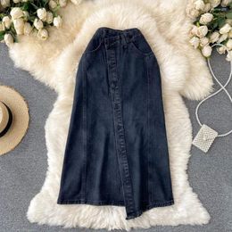 Skirts Chic Denim Skirt For Women Black High Waist Single Buttons Front Split Irregular A-Line Midi Elegant Party Jeans