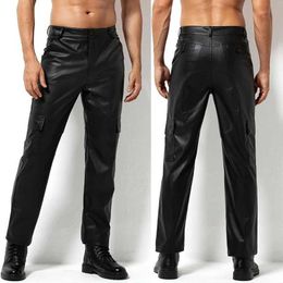 Pantaloni da uomo arjen kroos pantaloni in pelle maschile per le gambe dritte motociclette Pan pantaloni in pelle PU con più tasche