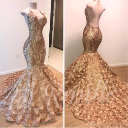 Elegant 2021 African Gold Prom Dresses Mermaid Halter V Neck 3D Flowers Sleeveless Evening Dress Long Arabic Dubai Party Gowns 350F