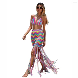 Work Dresses Sexy Wave Striped Knitting Crochet Two Piece Women Skirts Sets 2024 Summer Beach Vacation Outfit Strapless And Long Tassel