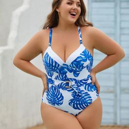 Women's Swimwear Women Plus Size White With Blue Leaves Print Swimsuit Underwire Push Up Pad Sexy Deep V-Neck High Elastic 0XL-4XL