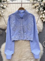 Women's Blouses Hikigawa Chic Fashion Women Vintage Striped Hollow Design Crochet Shirts Casual Elegant All Match Short Blouse Crop Tops