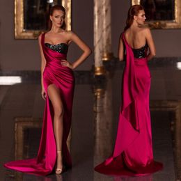 Cheap Sequined Mermaid Prom Dresses One Shoulder Neck Side Split Formal Dress Plus Size Sweep Train Satin Evening Gowns 240w