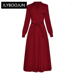 Casual Dresses Autumn Winter Dress Women Turn-down Collar Long Sleeve Lace-up Solid Colour Office Lady Pleated For 2024 Luxury
