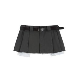 Pleated Skirts Vintage Belt Pleated Mini Skirt Women Low Waist Irregular Fake Two Piece Patchwork Slim Sexy Micro Skirt Y2k Stre 240513