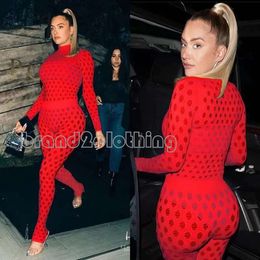 Fashionable European and American women's clothing, sexy perspective, close fitting sports high collar, perforated knitted mesh, street breathable set size