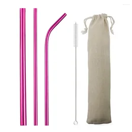 Drinking Straws Reusable Set Pink Green Metal Straw 304 Stainless Steel Bent Drinks With Cleaning Brush Bar Accessory