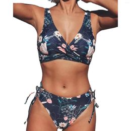 Beachwear Sexy Bikini Women Floral Printed Wrap Knot Plus Size Swimwear Push Up Pleated Hollow Out Bandage Bathing Suits