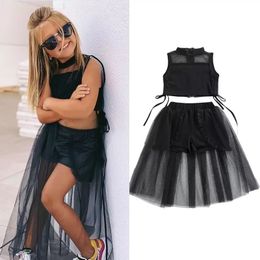 Children's clothing girls summer new hot wind black vest mesh skirt two-piece set