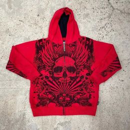 Men's Hoodies Sweatshirts Y2K New Vintage 90s Gothic Fashion Black Skull Print Red Zipper Hooded Sweater Mens Hip Hop Rock Loose Sweatshirt H240513