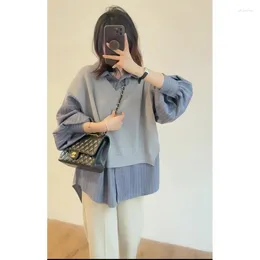 Women's Polos Korean Style 2024 Fashion Loose Shirt Striped Patchwork Turn-down Collar Pregnant Woman Knit Blouse Plus Size Sweater Top