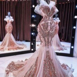 New Rose Gold Mermaid Evening Dresses Long Sparkly Sequins Applique Beaded Fishtail Prom Gowns robe de soiree 249H