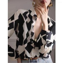 Women's Blouses Printed Black And White Shirt Loose Slimming Irregular Pattern Long Sleeve Opening