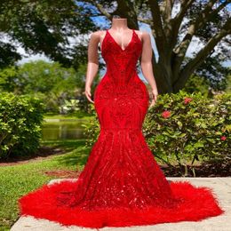 Arabian Sexy Black Girl Mermaid Prom Dresses Red Sequined Elegant Backless Feather Evening Gowns long Women Formal Dress Robe de soiree 2578
