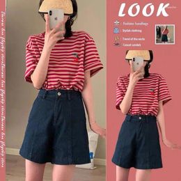 Work Dresses Student Suit Summer Temperament Striped T-shirt Salt Department High Waist Wide Leg Denim Shorts Single / Two Sets