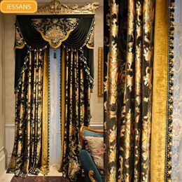 Curtain Dark Green Gilded Gold Embroidery Thickened Chenille Patched Curtains For Living Room Bedroom French Window Villa Screen
