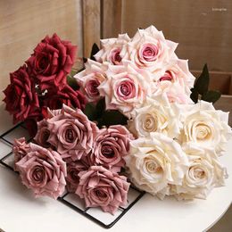 Decorative Flowers Artificial High-end Silk Multi-layer Rose Home Living Room Decoration Simulation Roses Bouquet Fake Pink Red Flower