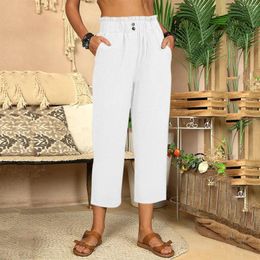 Women's Pants Women Harem Summer Casual Vintage Cotton Linen Elastic Waist Wide Leg Fashion Loose Pockets Female Trousers 2024