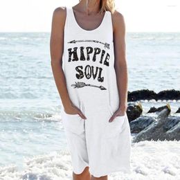 Casual Dresses Women Vest Dress Mid-length Elastic O-Neck Cotton Blend Beach Solid Colour Letter Printed Maxi For Daily Wear