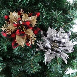 Decorative Flowers Christmas Decorations 14cm Gold Powder Plaid Glitter Artifical Xmas Tree Ornaments Home Decor