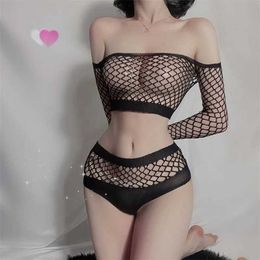 Sexy Set Sexy Lingerie Hot Erotic Tights Babydoll Cosplay Comes Girls Anime Underwear Set Hollow Out Fishnet Top Low-waisted Shorts T240513
