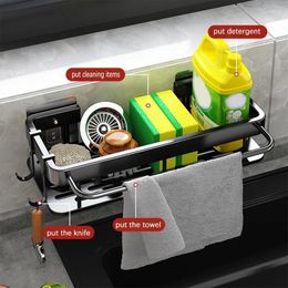 Kitchen Storage Self-Draining Sink Shelf Aluminum Drain Rack Sponge Faucet Holder With Rod Organizer