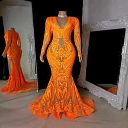 Sparkly Plus Size Prom Dresses 2021 V-neck Long Sleeve Orange Sequined African Black Girls Mermaid Evening Occasion Dress 284z