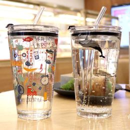 Mugs Cute Glass Straw Cup Bottle Reusable Creative Smoothie Tumbler With Water Kids Cartoon Gril Kitchen Accessories