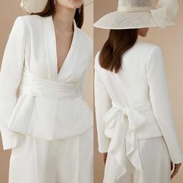 White Women Wedding Pants Suits 2 Pieces Custom Made Slim Fit Mother Of Bride Blazer Jacket Guest Wear Loose Pants