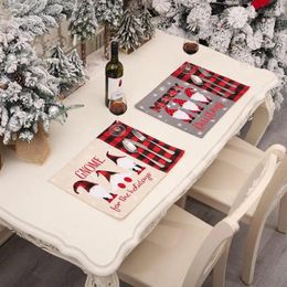 Table Mats Cartoon Placemat Merry Christmas Dwarf Letter Plaid Fabric Dinner For Xmas Kitchen Decor