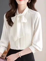 Women's Blouses White Shirt Long Sleeved Bow Collar Spring 2024 Chiffon Top Fashionable