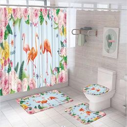 Shower Curtains Pink Rose Flamingos Curtain Sets Butterfly Tropical Leaves Animal Bathroom Screen Anti-slip Bath Mat Toilet Lid Cover Rug