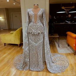 Sparkly Full Sequined Long Sleeves Mermaid Evening Dresses With Shawls Luxury Silver Sequined Prom Dress Formal Party Pageant Gown 262i