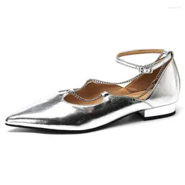 Casual Shoes Leather Women Ballet Low Heels Simple Lady Round Toe Cross Strap Buckle Plus Size Dance Silver Black