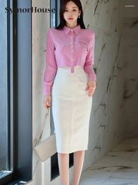 Work Dresses Spring Autumn 2 Pieces Sets Women Long Sleeve Short Shirts High Waist Sheath Pencil Skirt Casual Simple Office Suits