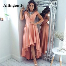 Party Dresses Allingentle Cocktail High Low Evening Gowns Sexy V-Neck Short Sleeves Soft Satin Prom Dress For Women 2024 Custom