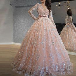 2020 Sparkly Pink Prom Dresses Sequin Lace Ball Gown Plus Size African Jewel Neck Long Sleeve Sweet 16 Dress Evening Gowns 274N